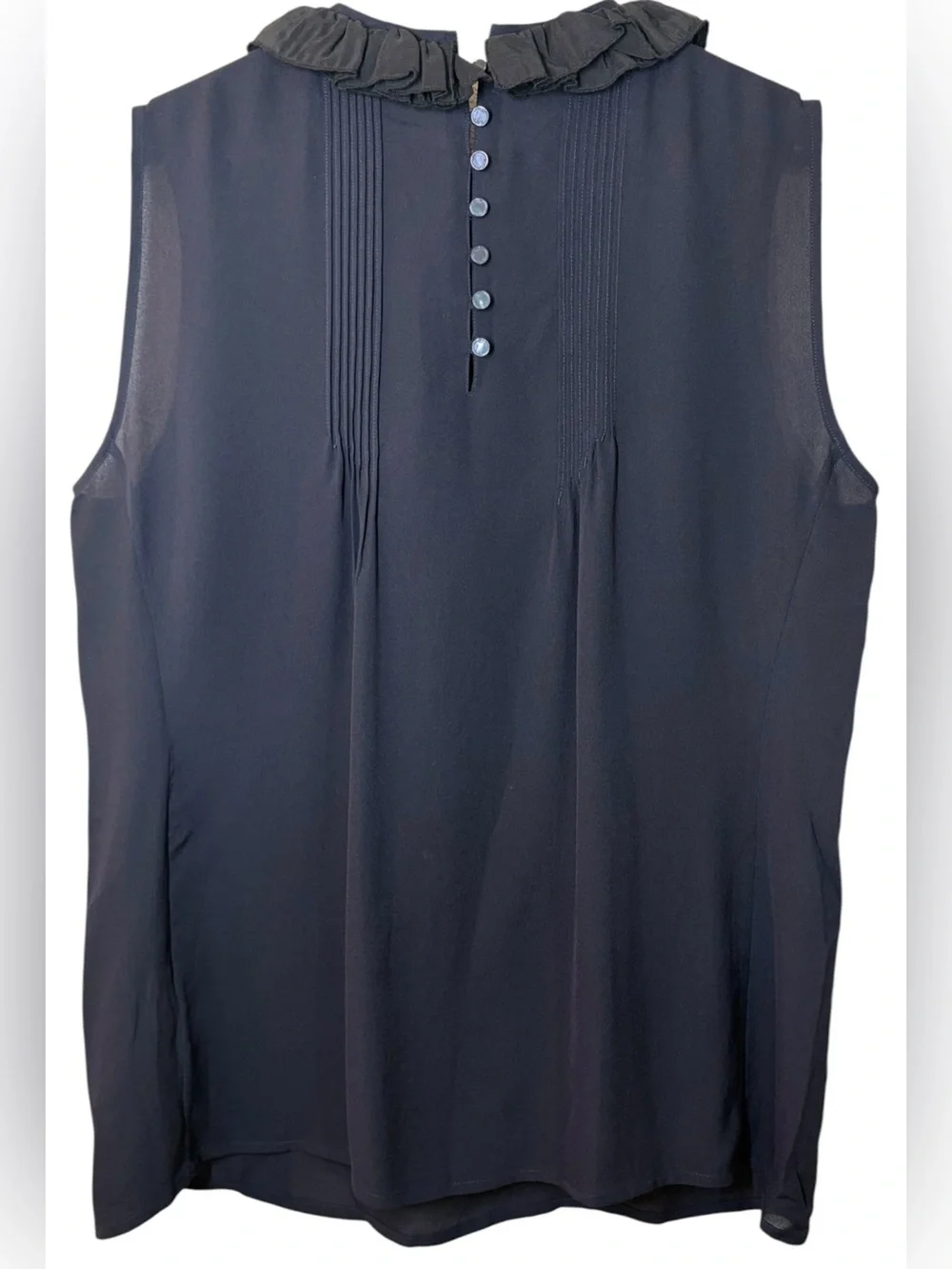 Tory Burch SILK Ruffled Bib Collar Sleeveless Blouse Top Navy Black Size 12